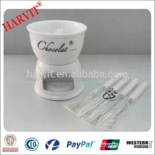 La venta caliente de cerámica blanca Fondue establece con Decal Set de fondue de chocolate con tenedores